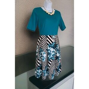 Oxiuly Fashion Dress S Teal Black Floral Fit n Flare Short Sleeve Zip Tropical